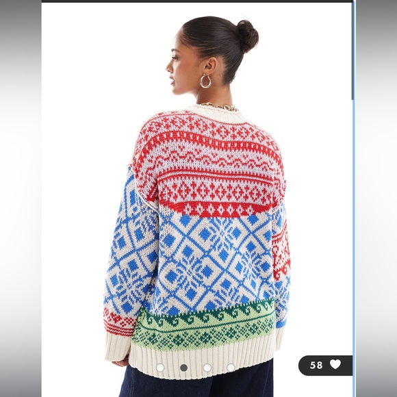 ASOS DESIGN oversized patchwork fairisle festive sweater in blue and red SMALL - Picture 4 of 9
